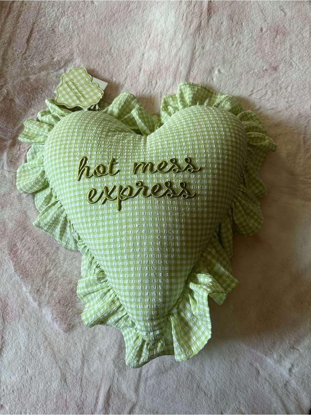 Hot Mess Express - Heart Shaped Green Gingham Pillow NWT
